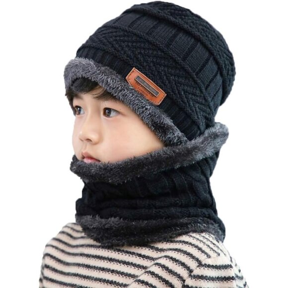 🆕Kids Black Knit Beanie Cap Winter Hat Warm Soft Fleece Lining Thread Scarf Set - Picture 1 of 5
